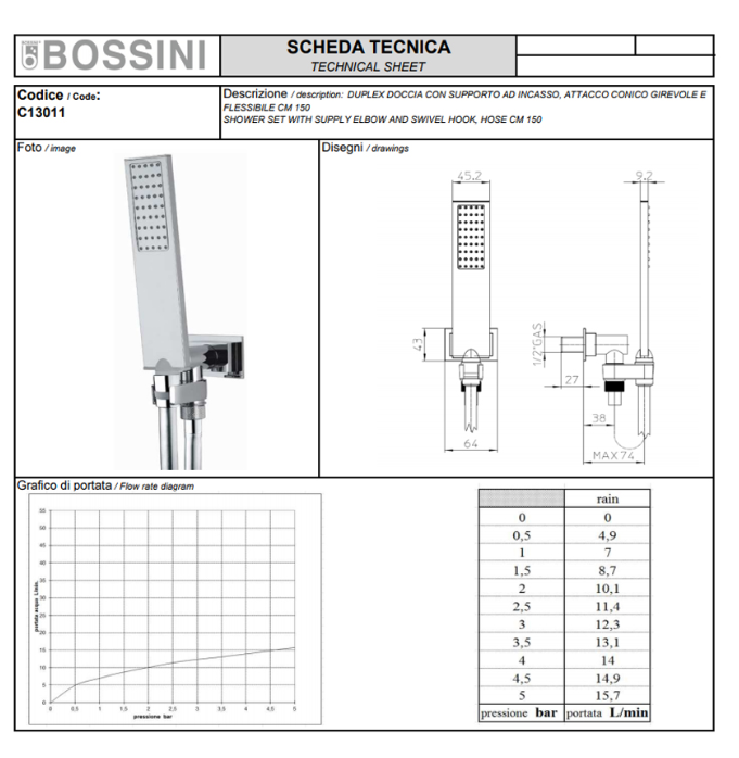Soffione doccia acciao inox Bossini Manhattan 2 Getti con kit duplex Bossini Flat One