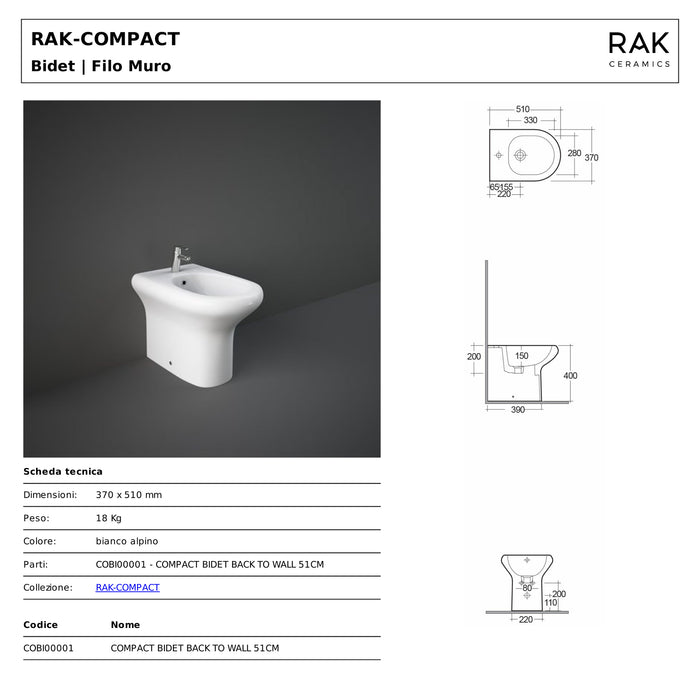 Sanitari filomuro in ceramica Mod. Compact RAK , copriwater